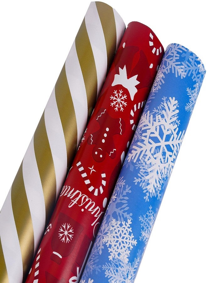 Jaywayang Christmas Reversible Wrapping Paper Rolls -3 Mini Roll - 17 Inch x 120 Inch Per Roll - Christmas Snowman, Snowflake, Golden Stripe - Holiday Presents Wrapping. - Image 3